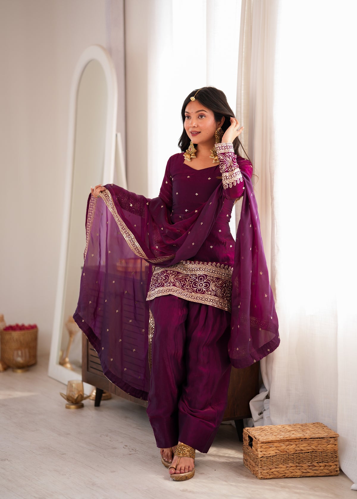 Wine Fendy Silk Embroidered Farshi Shalwar Suit with Sequin, Jari & Lace Dupatta
