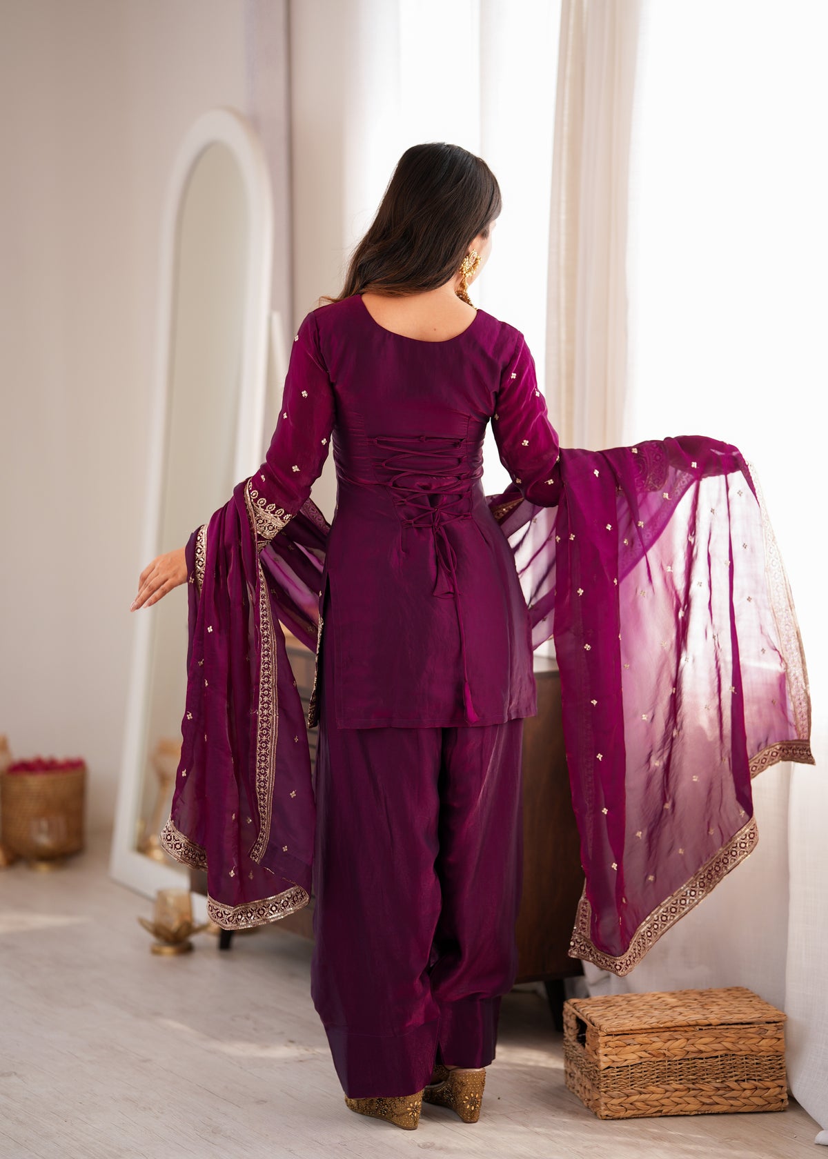 Wine Fendy Silk Embroidered Farshi Shalwar Suit with Sequin, Jari & Lace Dupatta