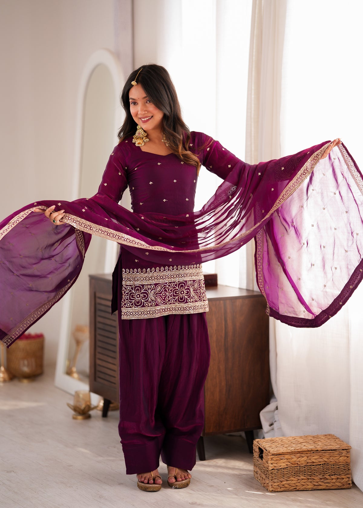 Wine Fendy Silk Embroidered Farshi Shalwar Suit with Sequin, Jari & Lace Dupatta