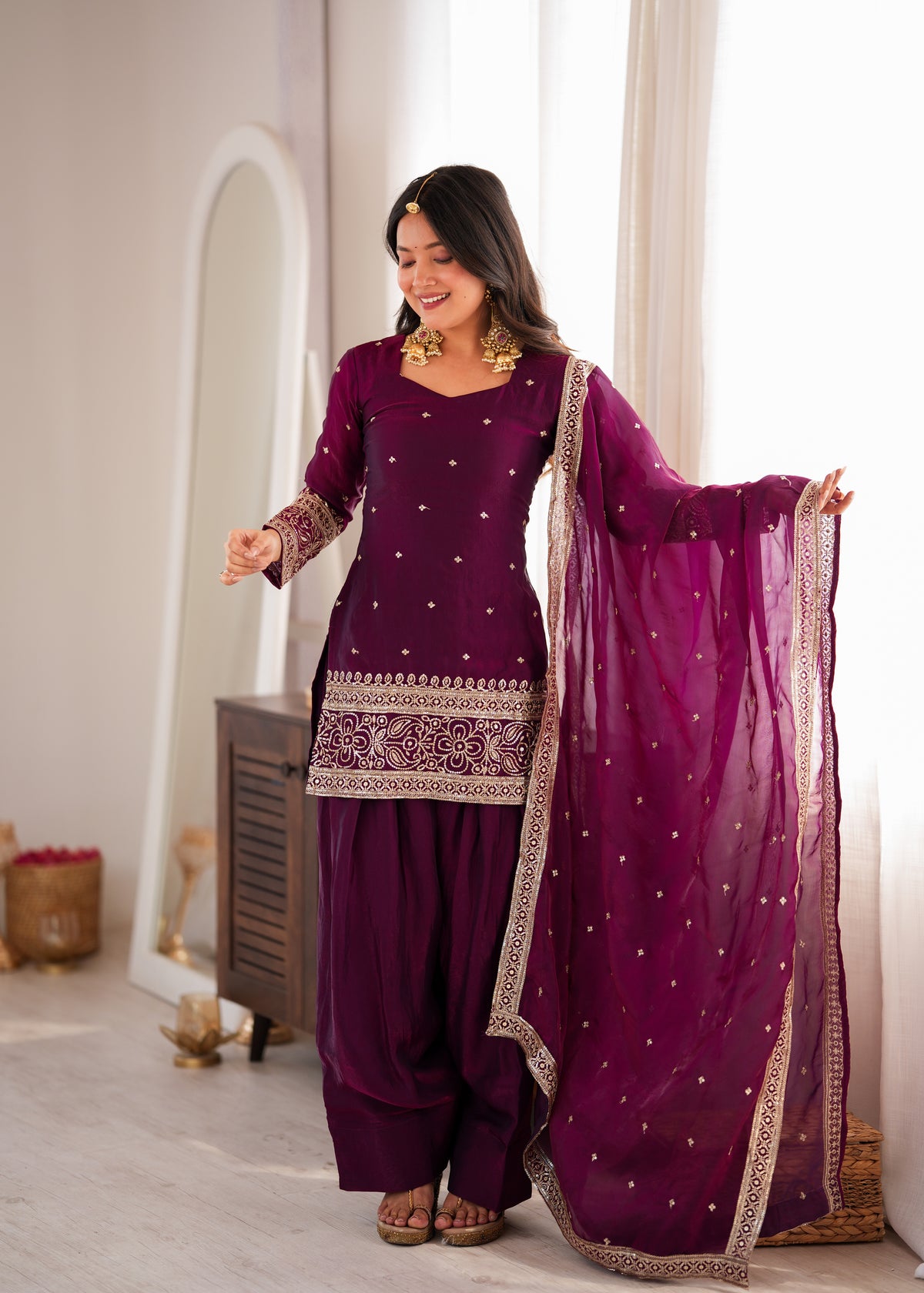 Wine Fendy Silk Embroidered Farshi Shalwar Suit with Sequin, Jari & Lace Dupatta
