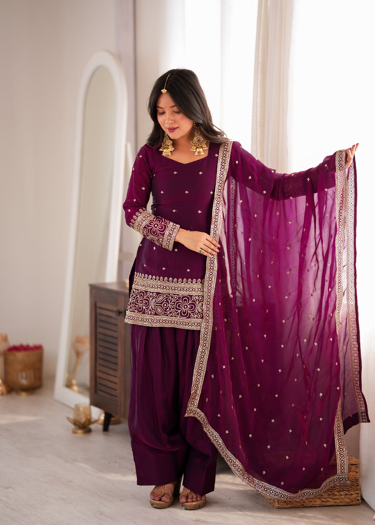 Wine Fendy Silk Embroidered Farshi Shalwar Suit with Sequin, Jari & Lace Dupatta