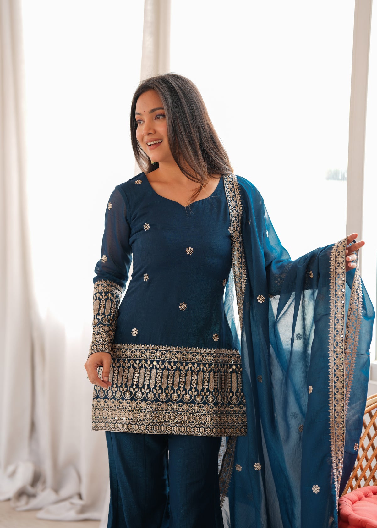 Teal Blue Crunchy Silk Sequin & Jari Embroidered Bell Bottom Suit with Lace Dupatta