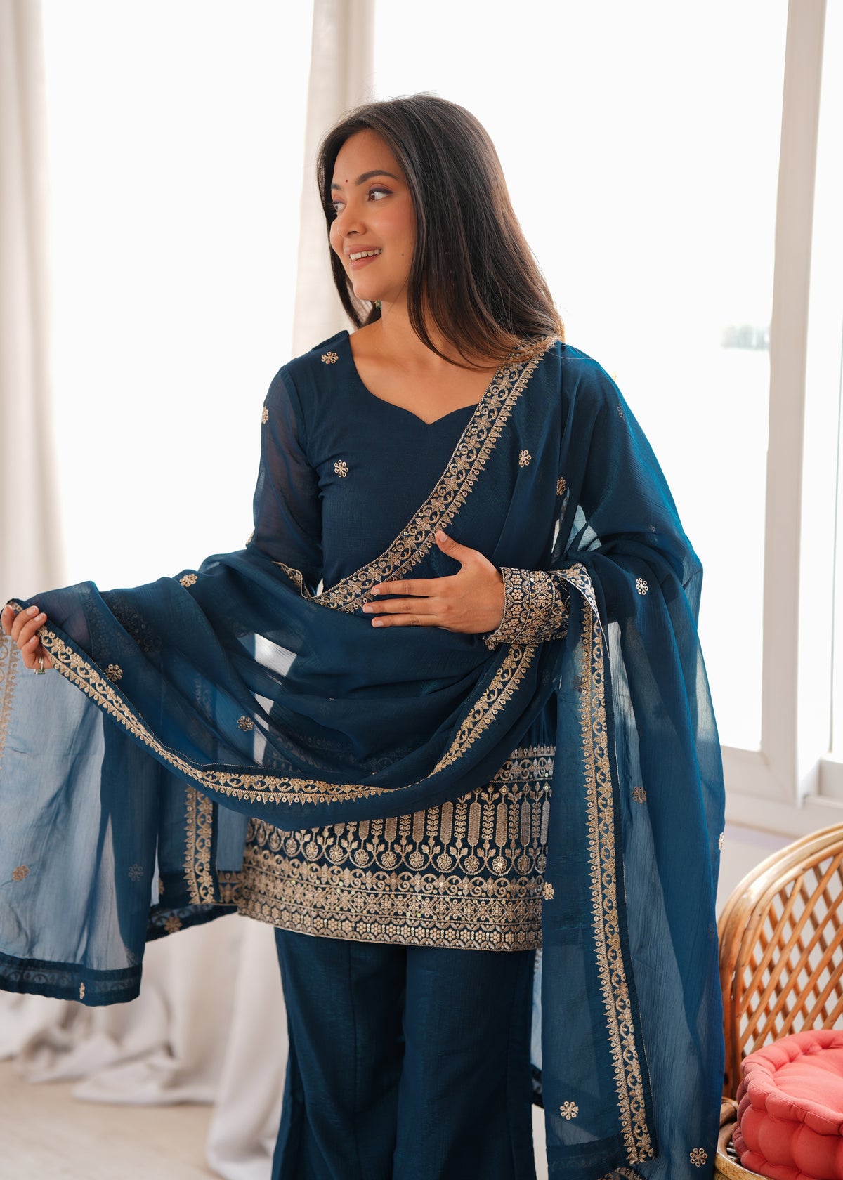 Teal Blue Crunchy Silk Sequin & Jari Embroidered Bell Bottom Suit with Lace Dupatta