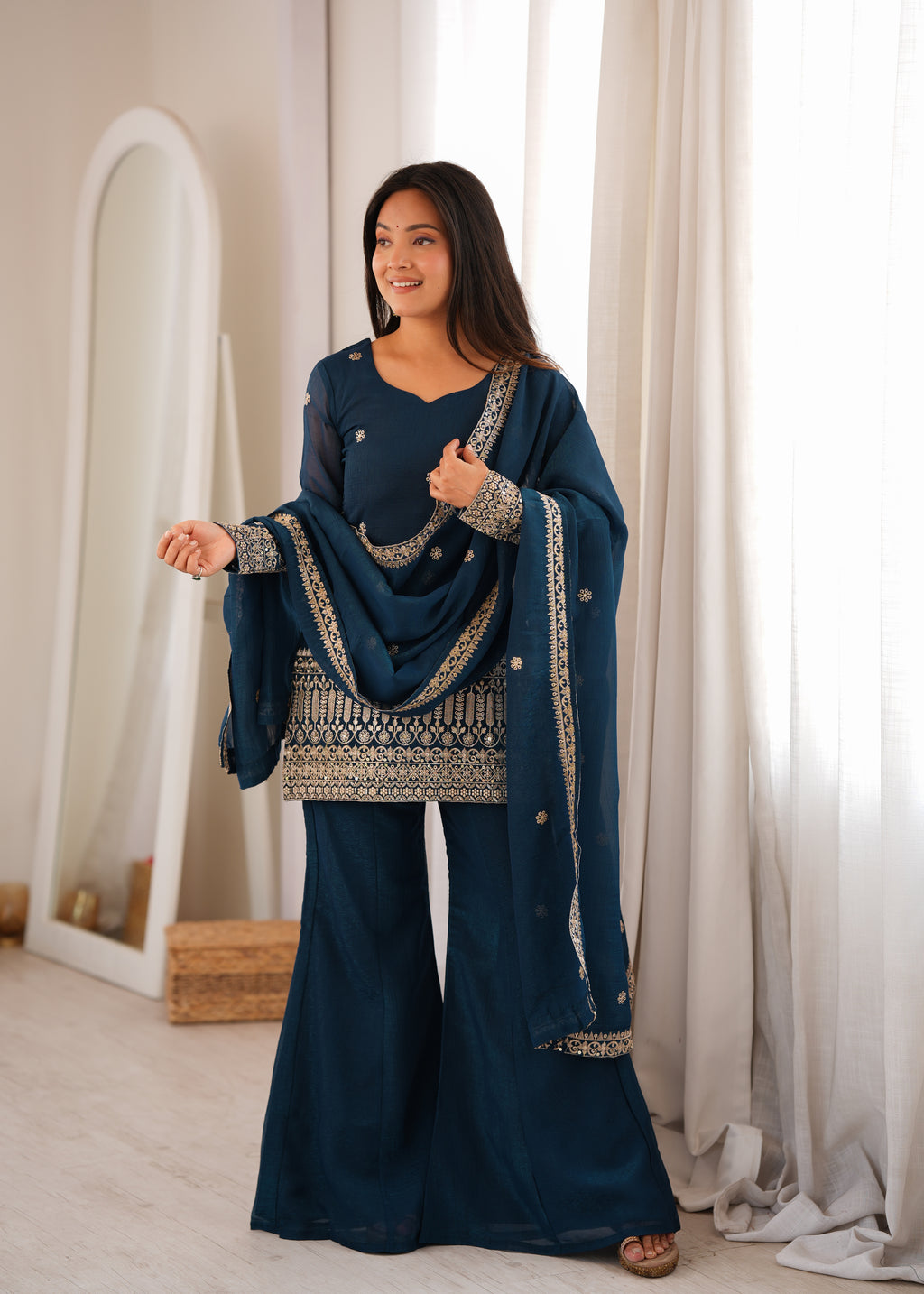 Teal Blue Crunchy Silk Sequin & Jari Embroidered Bell Bottom Suit with Lace Dupatta