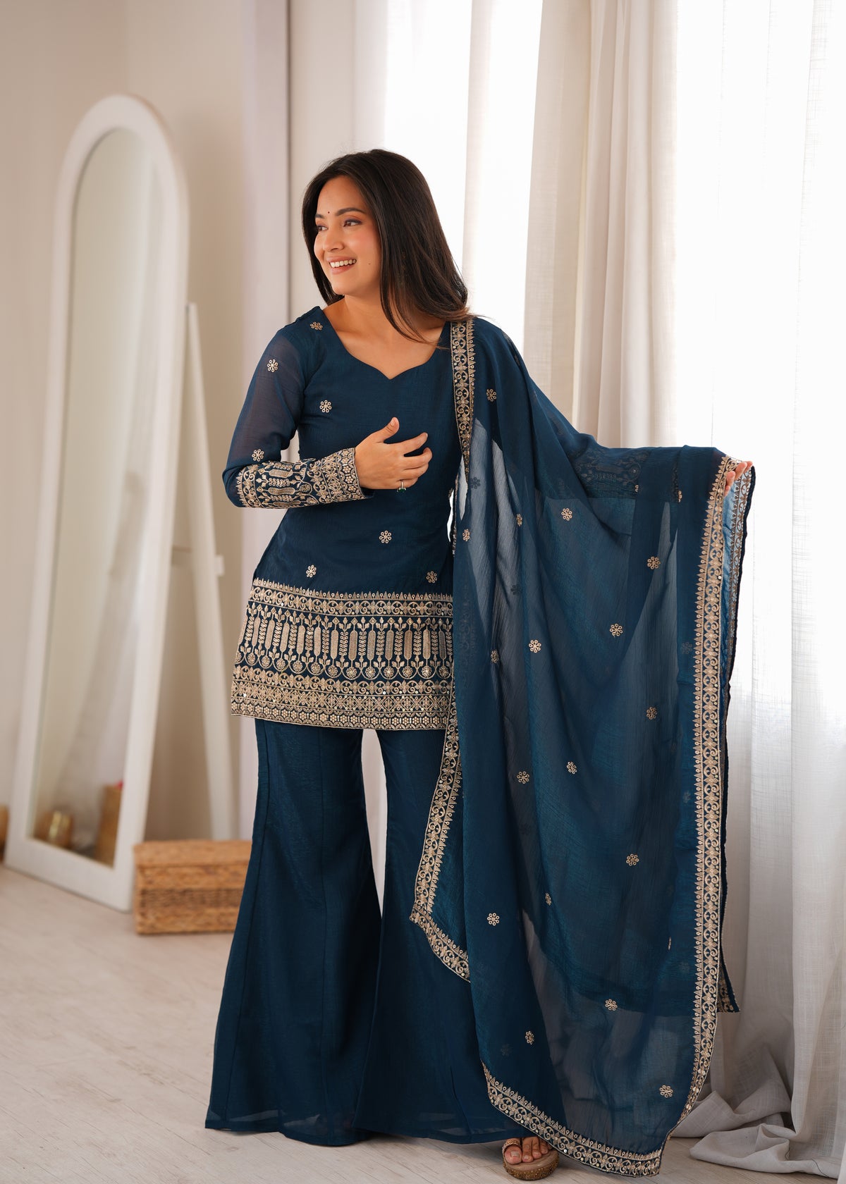 Teal Blue Crunchy Silk Sequin & Jari Embroidered Bell Bottom Suit with Lace Dupatta