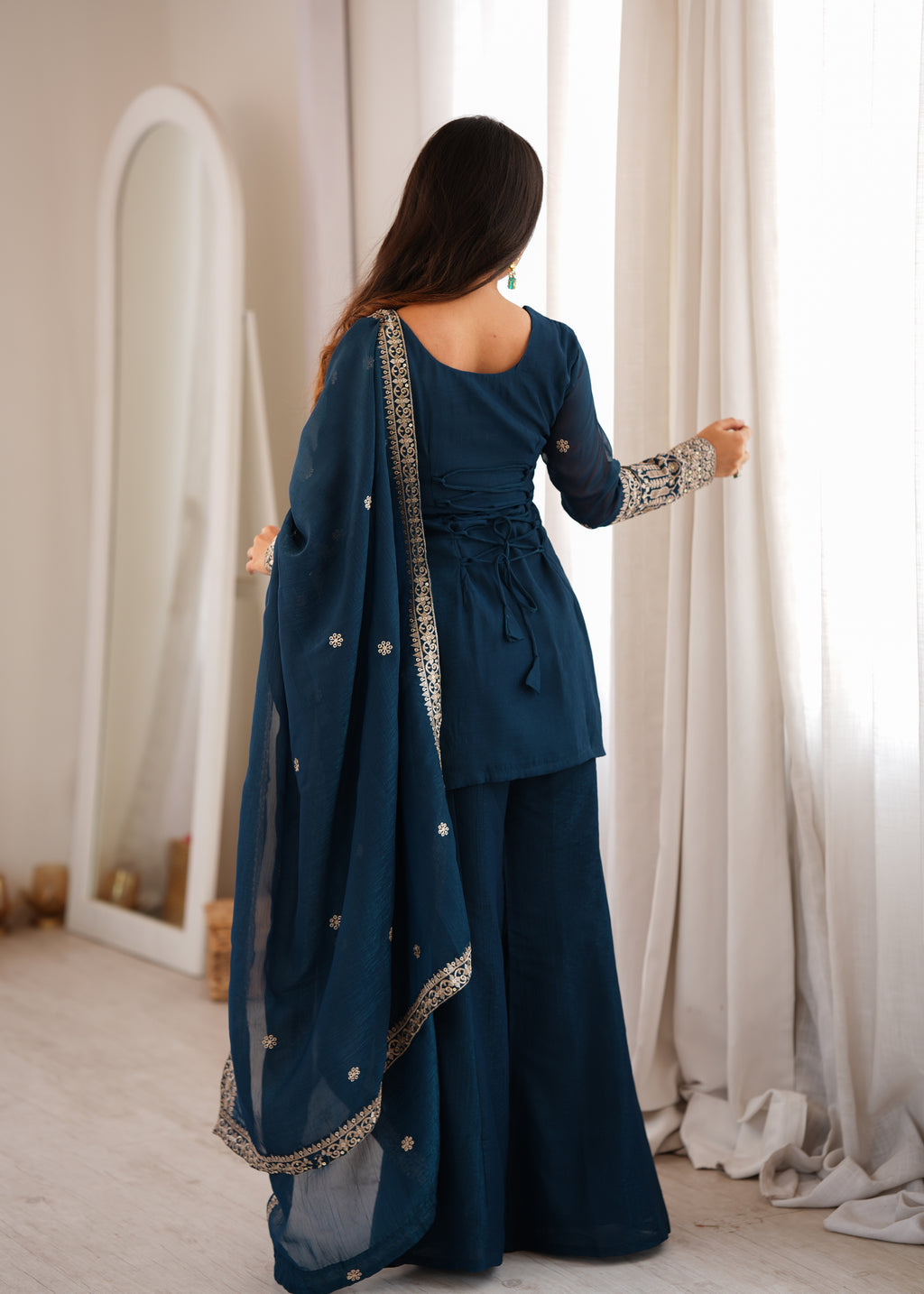 Teal Blue Crunchy Silk Sequin & Jari Embroidered Bell Bottom Suit with Lace Dupatta