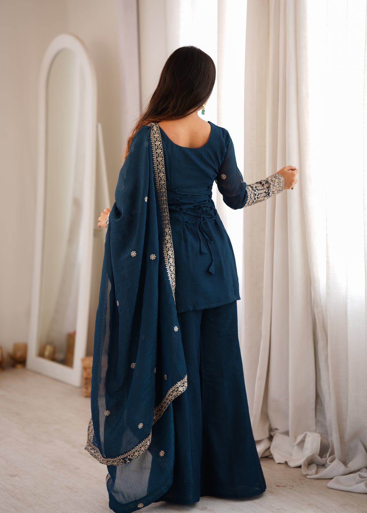 Teal Blue Crunchy Silk Sequin & Jari Embroidered Bell Bottom Suit with Lace Dupatta