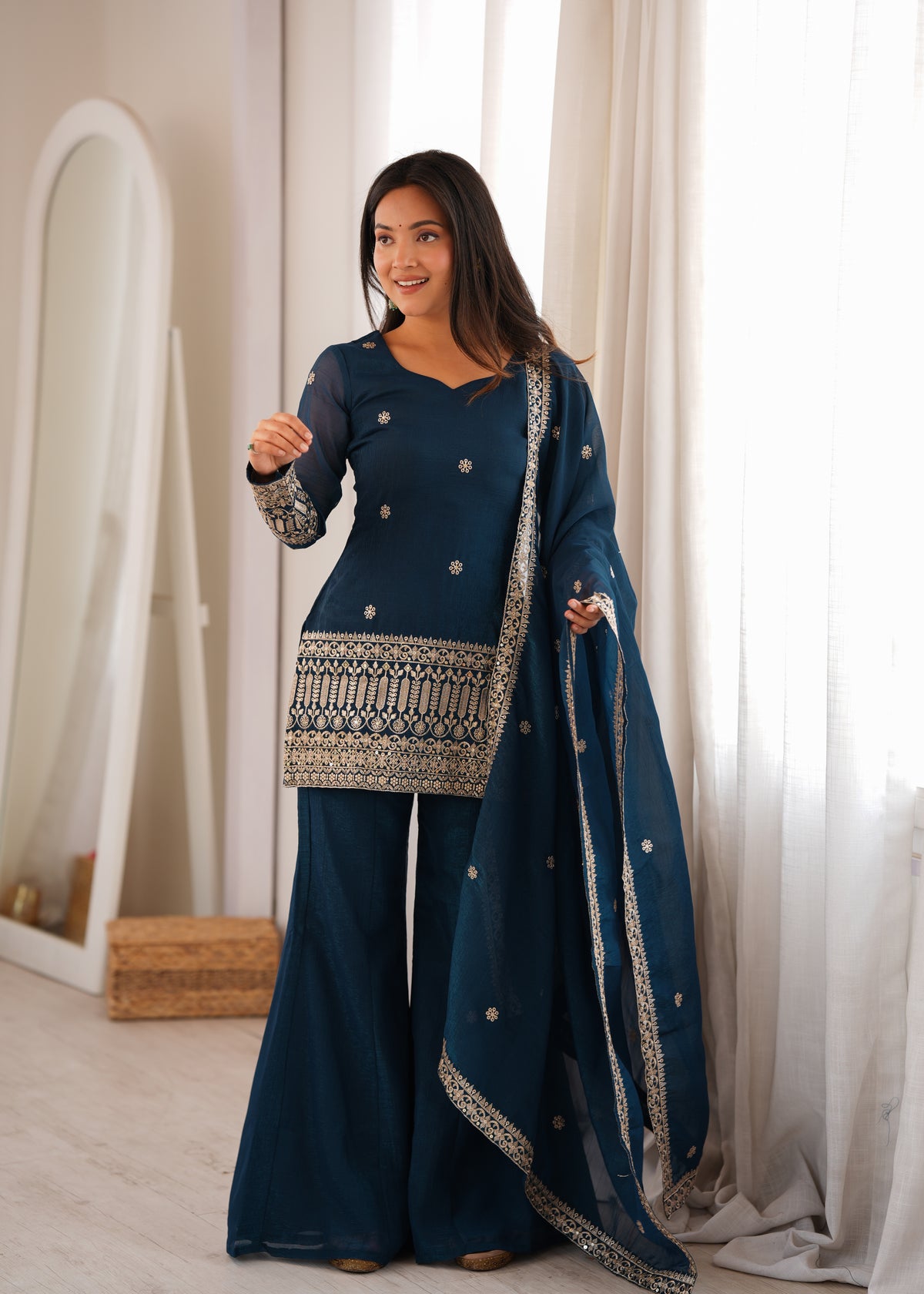 Teal Blue Crunchy Silk Sequin & Jari Embroidered Bell Bottom Suit with Lace Dupatta