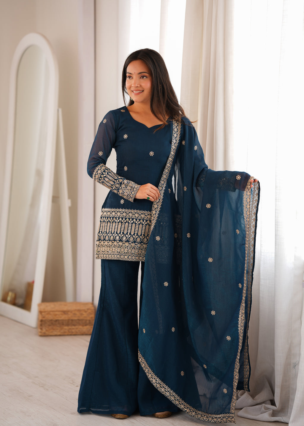 Teal Blue Crunchy Silk Sequin & Jari Embroidered Bell Bottom Suit with Lace Dupatta