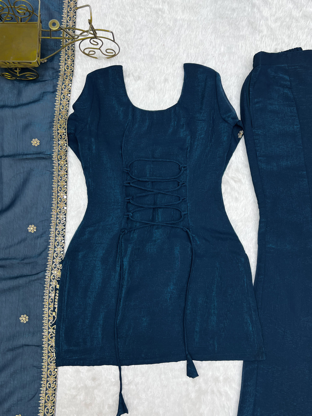 Teal Blue Crunchy Silk Sequin & Jari Embroidered Bell Bottom Suit with Lace Dupatta