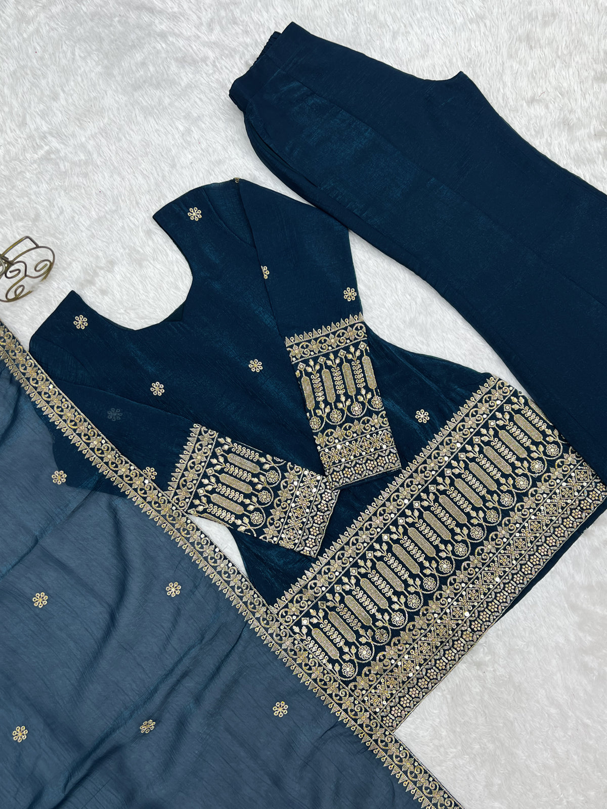 Teal Blue Crunchy Silk Sequin & Jari Embroidered Bell Bottom Suit with Lace Dupatta