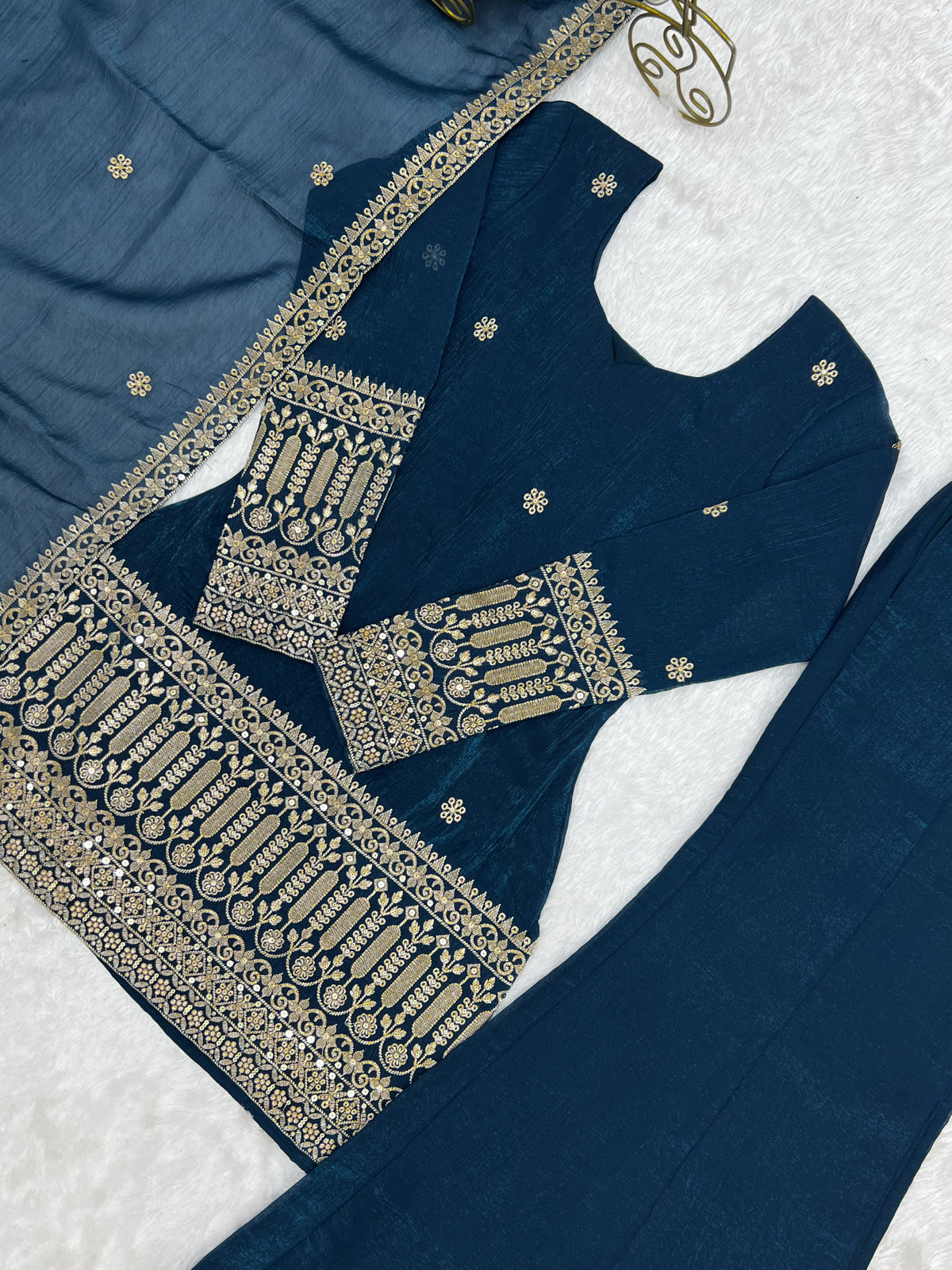 Teal Blue Crunchy Silk Sequin & Jari Embroidered Bell Bottom Suit with Lace Dupatta
