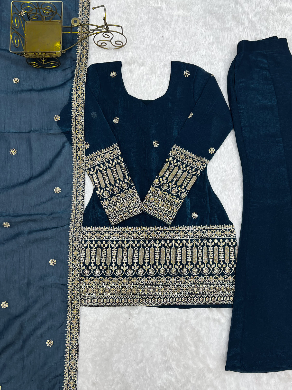 Teal Blue Crunchy Silk Sequin & Jari Embroidered Bell Bottom Suit with Lace Dupatta