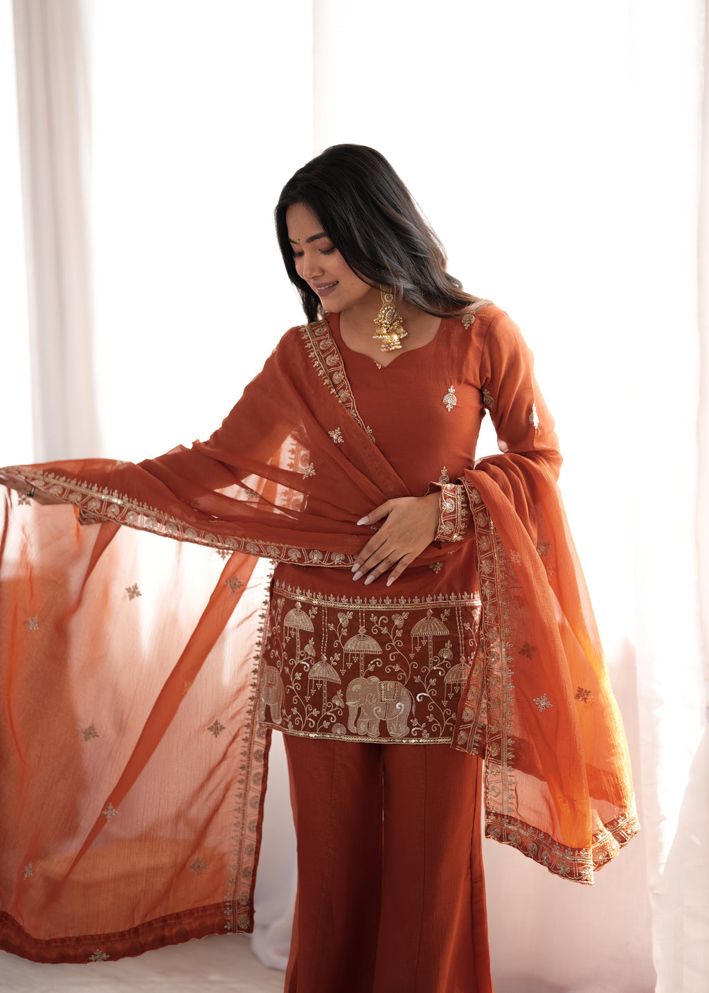Rust Crunchy Silk Embroidered Jari & Sequin Bell Bottom Suit Set with Lace Dupatta