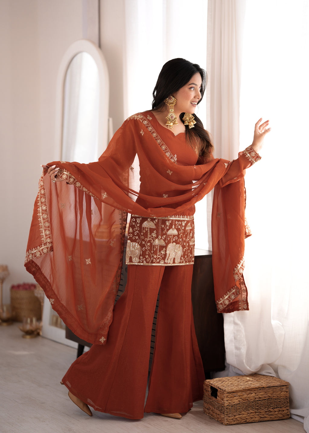 Rust Crunchy Silk Embroidered Jari & Sequin Bell Bottom Suit Set with Lace Dupatta