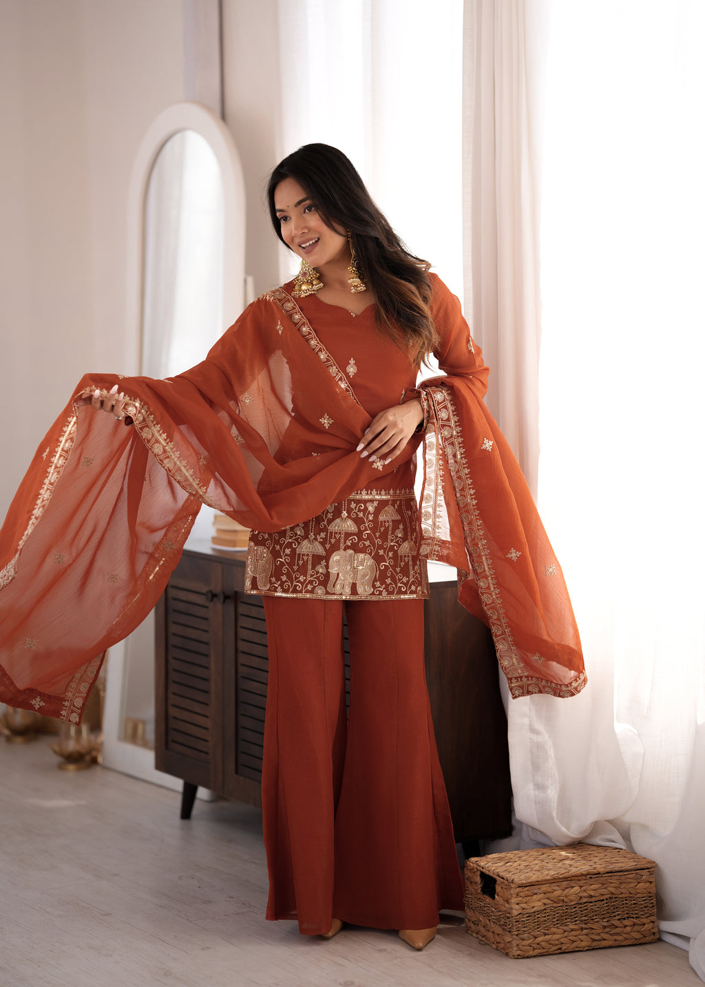 Rust Crunchy Silk Embroidered Jari & Sequin Bell Bottom Suit Set with Lace Dupatta