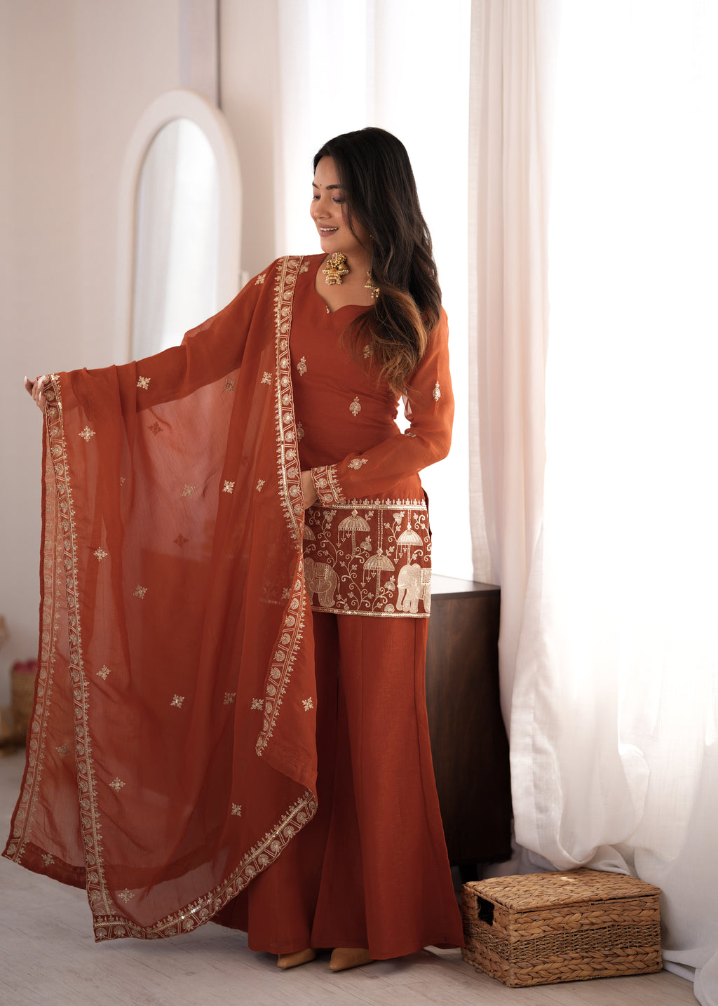 Rust Crunchy Silk Embroidered Jari & Sequin Bell Bottom Suit Set with Lace Dupatta