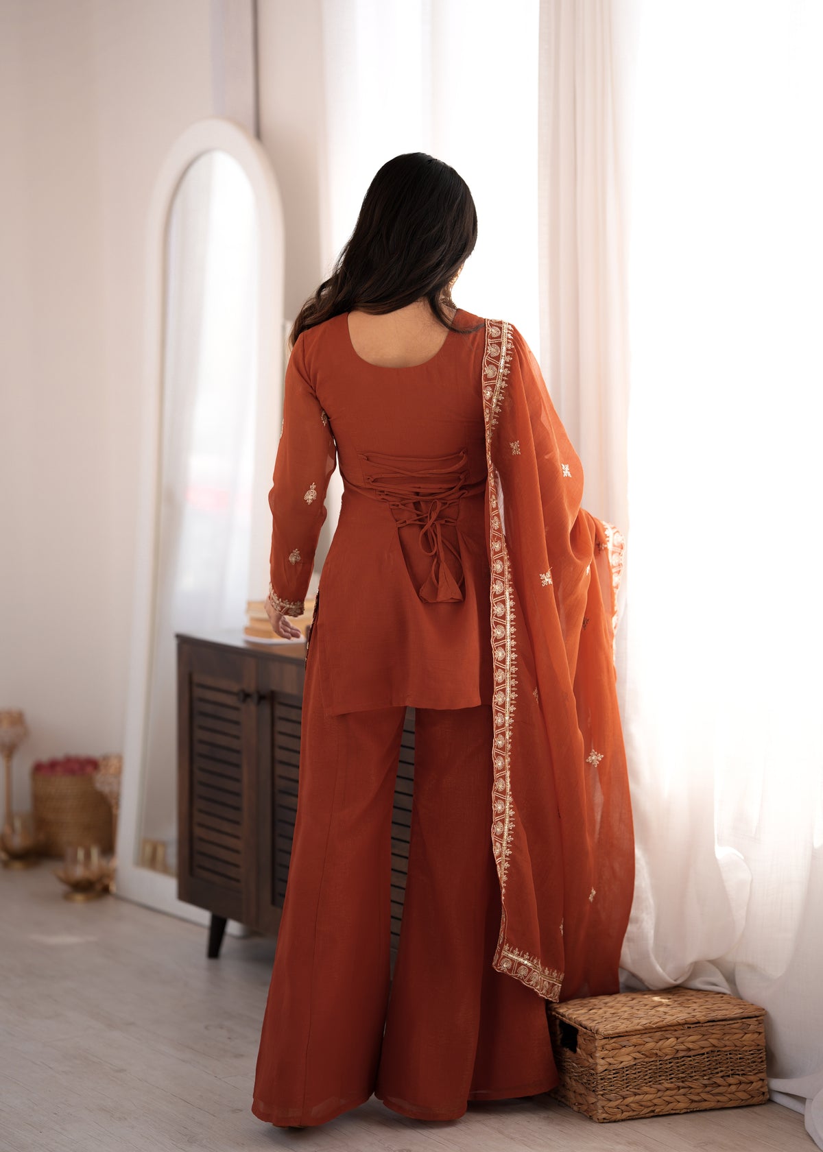 Rust Crunchy Silk Embroidered Jari & Sequin Bell Bottom Suit Set with Lace Dupatta