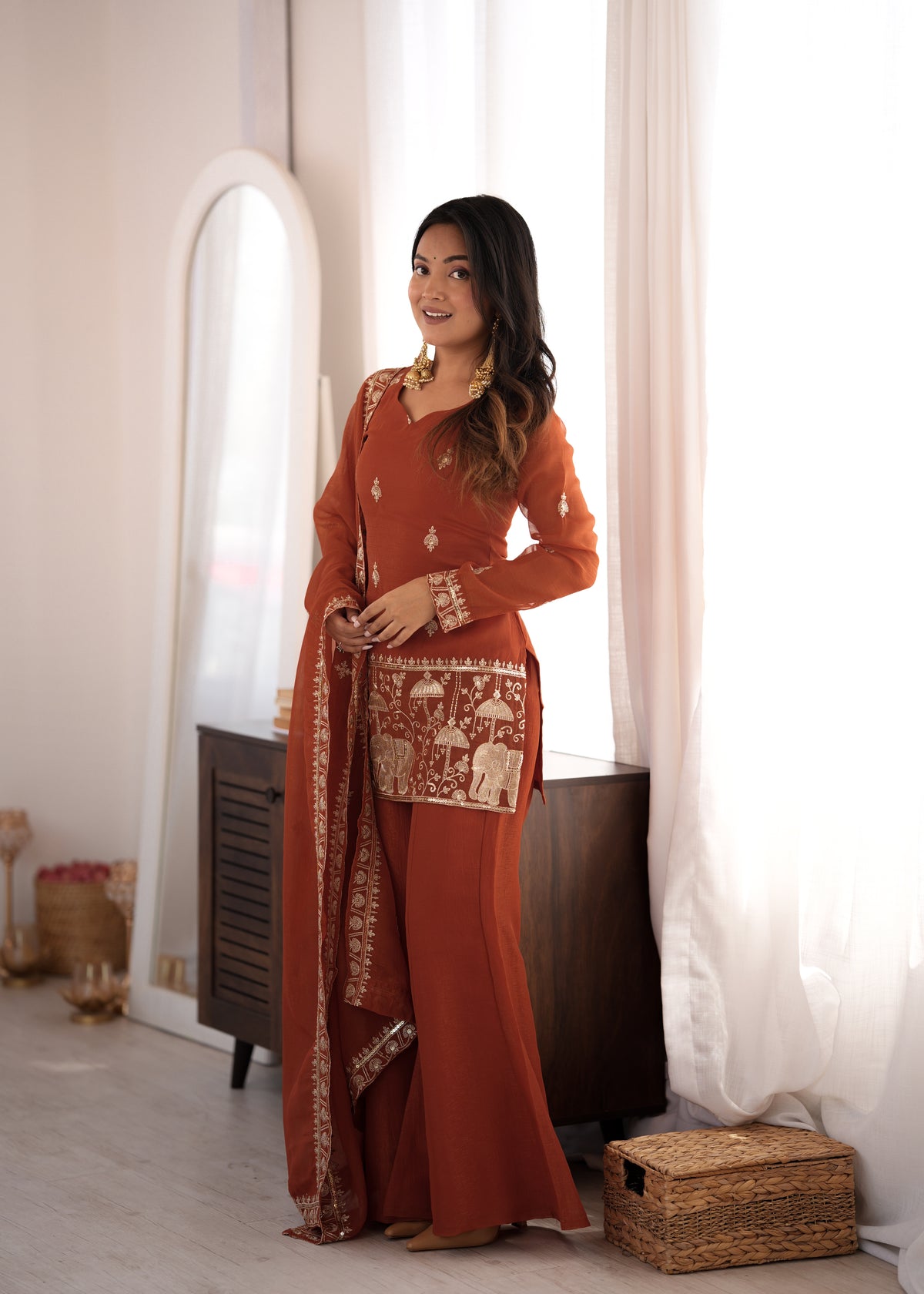 Rust Crunchy Silk Embroidered Jari & Sequin Bell Bottom Suit Set with Lace Dupatta