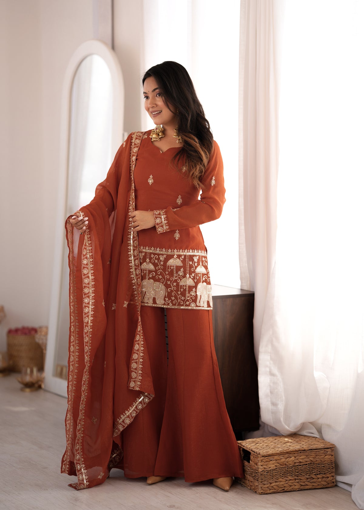 Rust Crunchy Silk Embroidered Jari & Sequin Bell Bottom Suit Set with Lace Dupatta