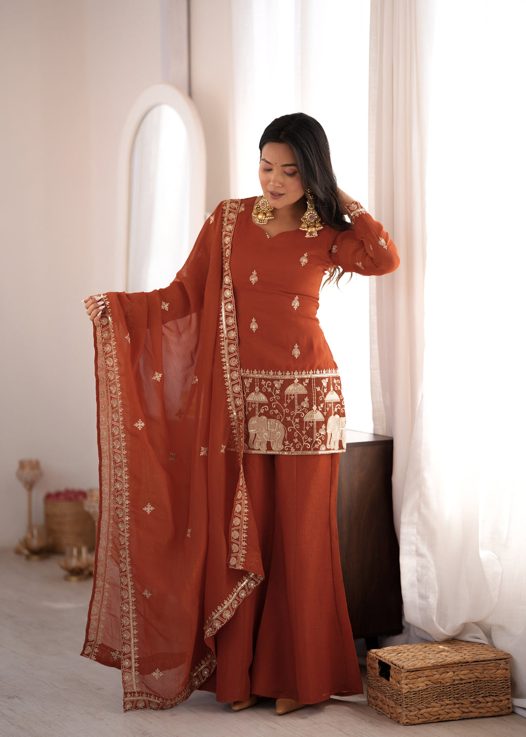 Rust Crunchy Silk Embroidered Jari & Sequin Bell Bottom Suit Set with Lace Dupatta