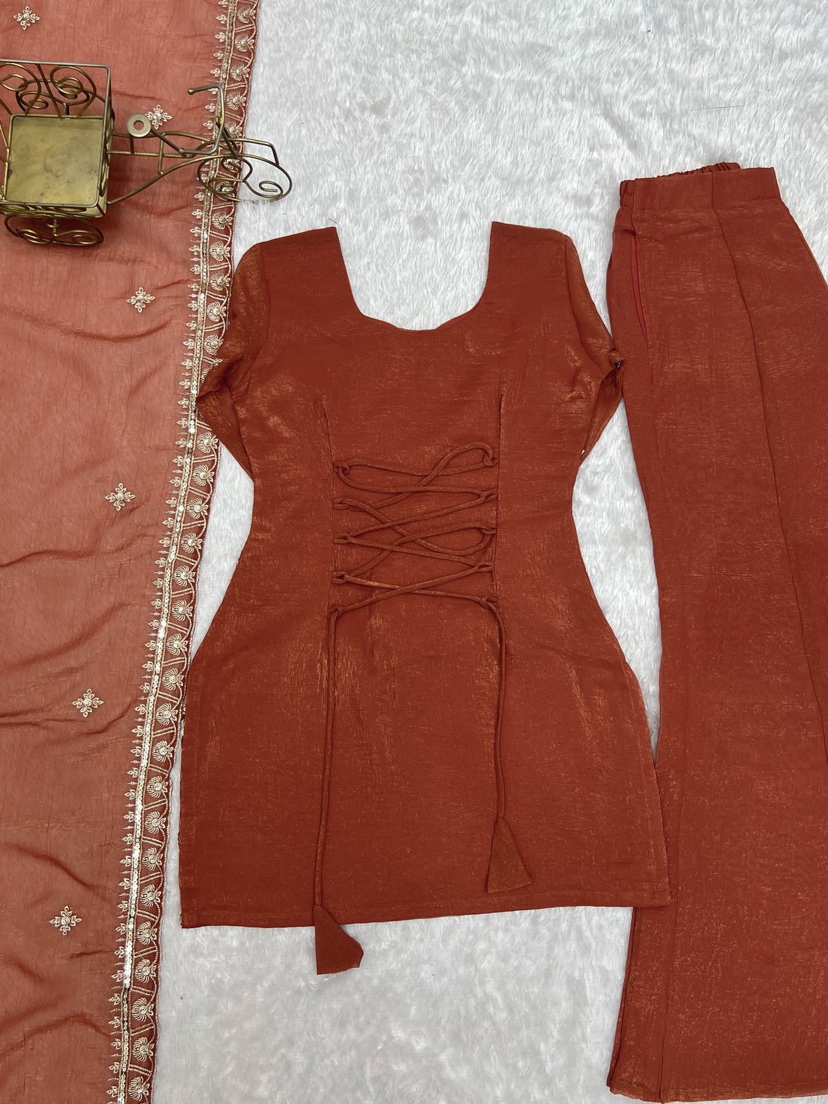 Rust Crunchy Silk Embroidered Jari & Sequin Bell Bottom Suit Set with Lace Dupatta