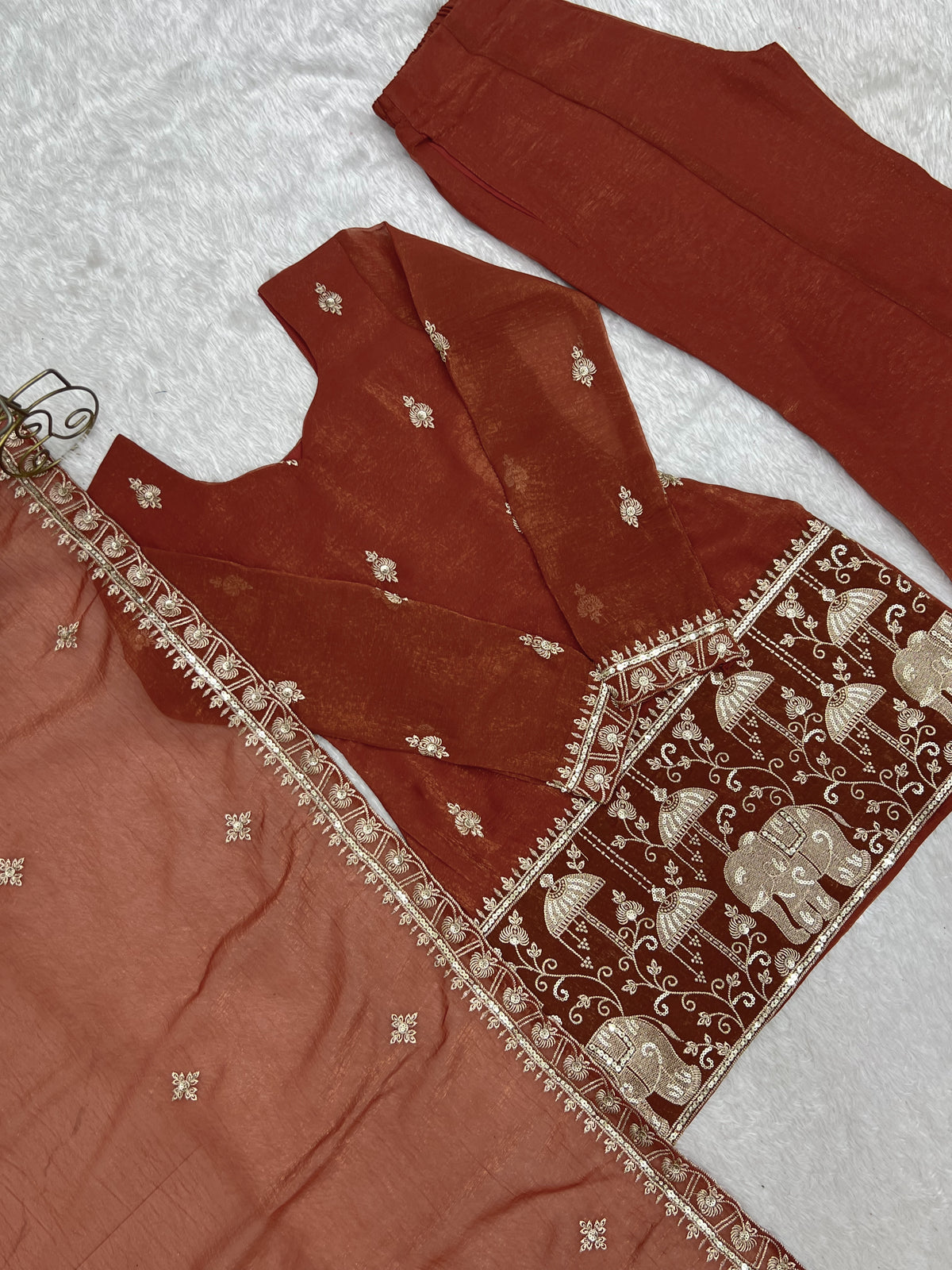 Rust Crunchy Silk Embroidered Jari & Sequin Bell Bottom Suit Set with Lace Dupatta