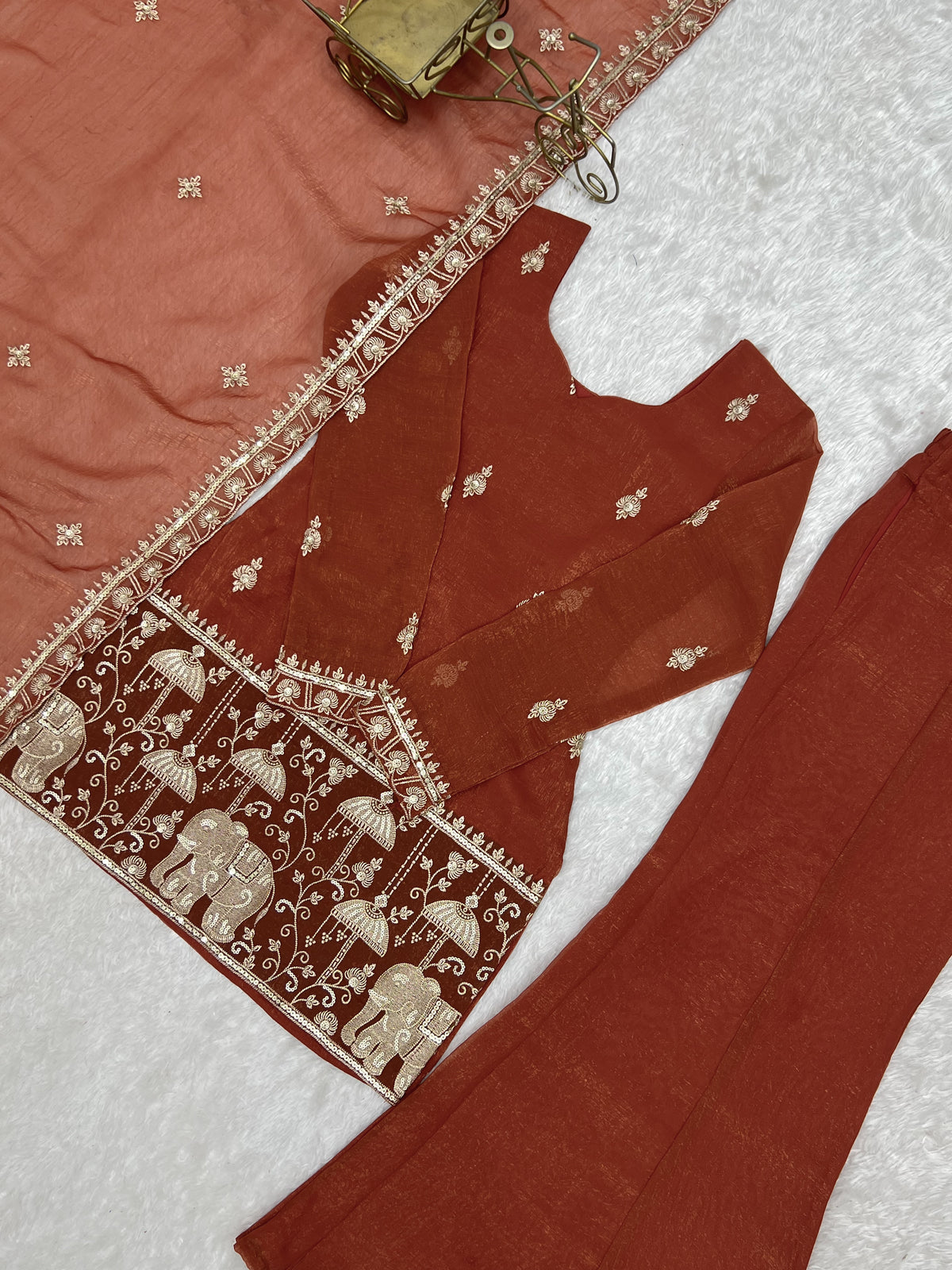 Rust Crunchy Silk Embroidered Jari & Sequin Bell Bottom Suit Set with Lace Dupatta