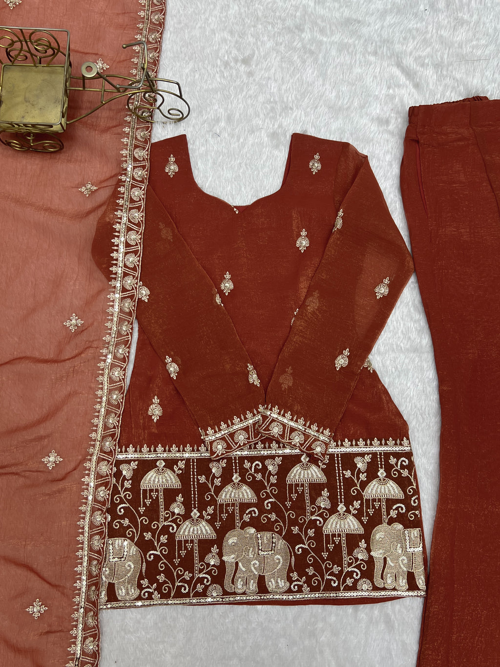 Rust Crunchy Silk Embroidered Jari & Sequin Bell Bottom Suit Set with Lace Dupatta