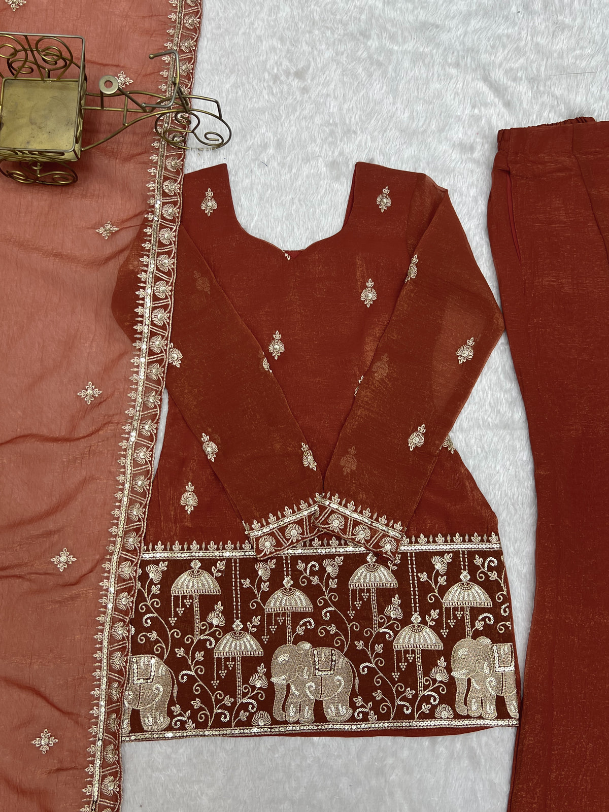 Rust Crunchy Silk Embroidered Jari & Sequin Bell Bottom Suit Set with Lace Dupatta