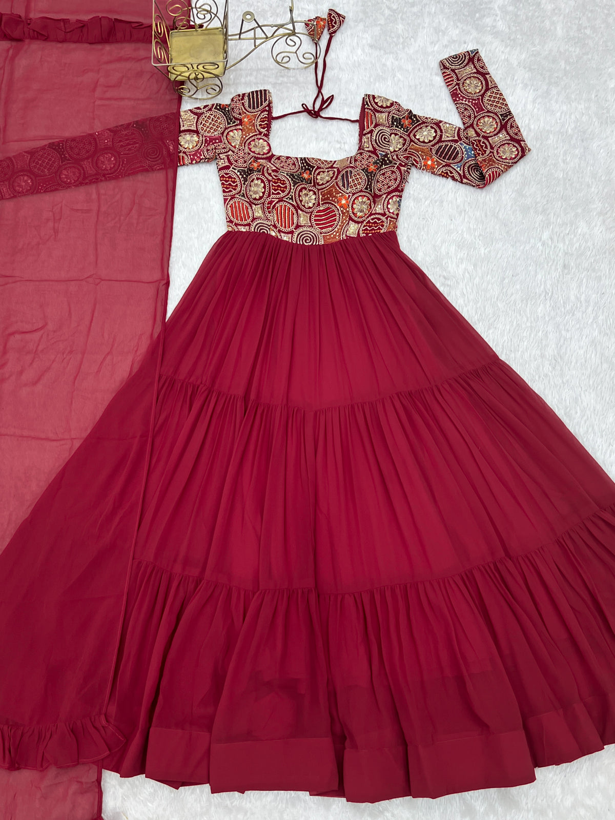 8M+ Flair Faux Georgette Anarkali Gown with 9-Needle Embroidery & Ruffle Dupatta
