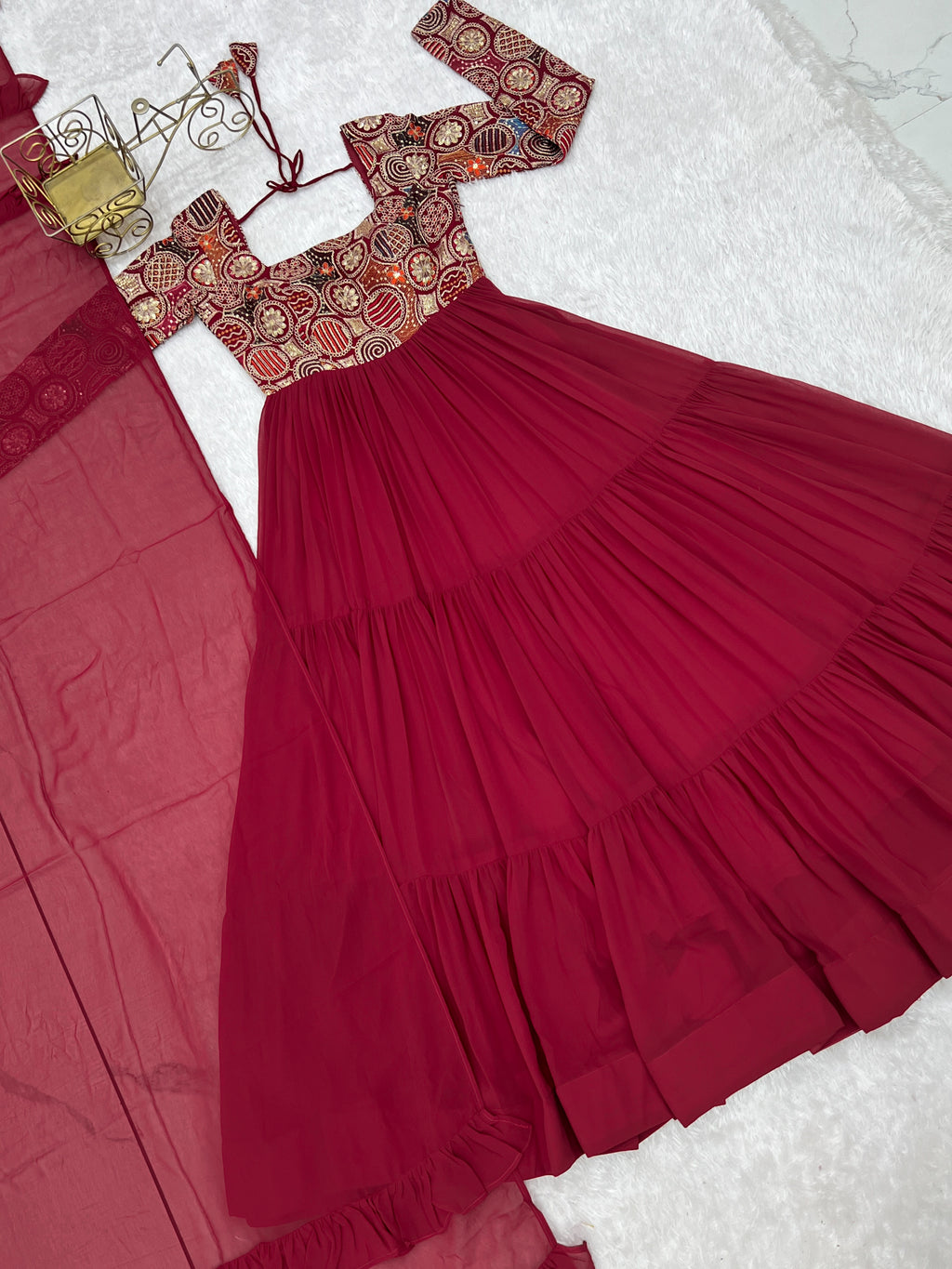 8M+ Flair Faux Georgette Anarkali Gown with 9-Needle Embroidery & Ruffle Dupatta
