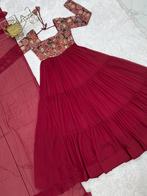 8M+ Flair Faux Georgette Anarkali Gown with 9-Needle Embroidery & Ruffle Dupatta