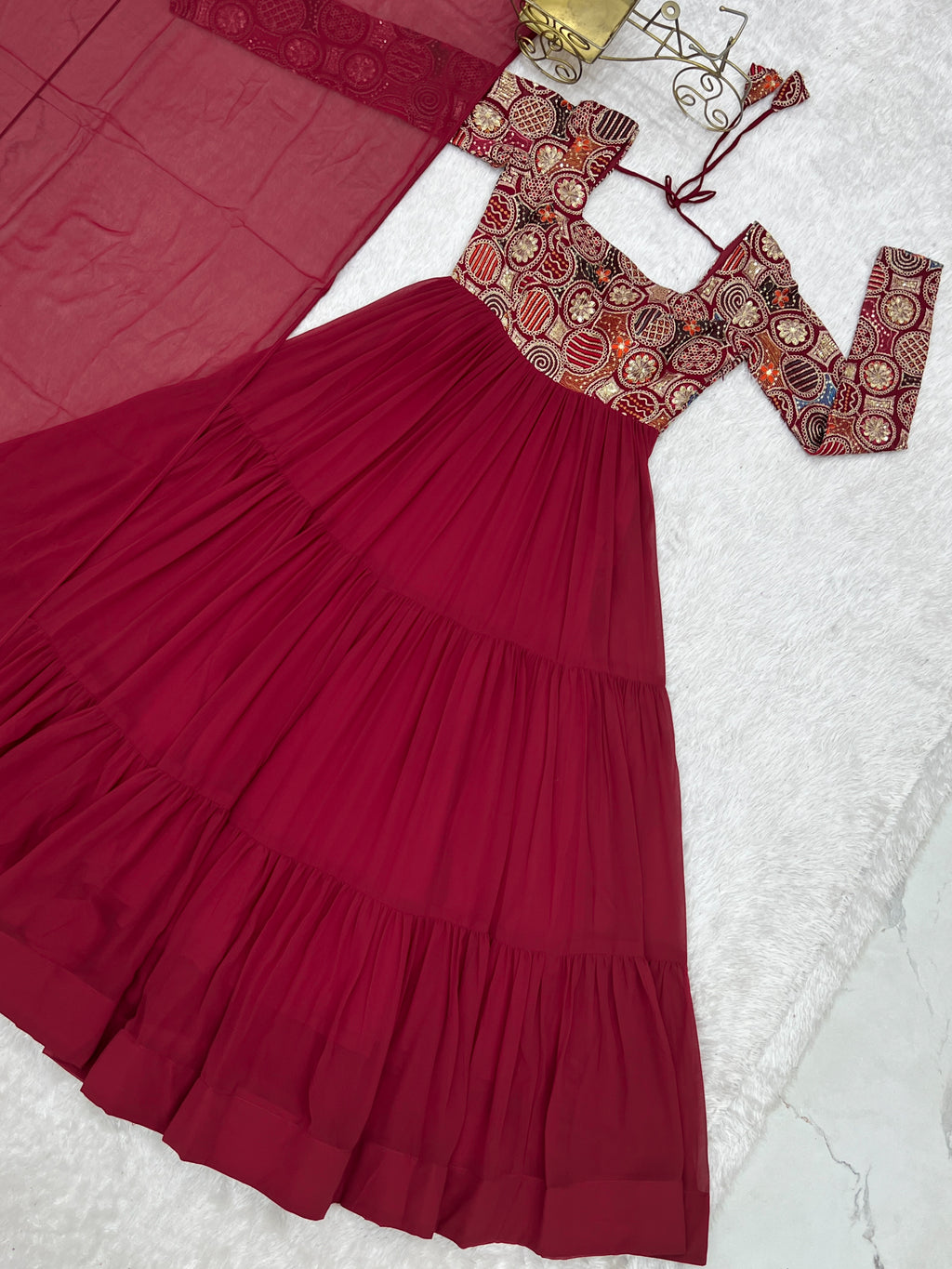 8M+ Flair Faux Georgette Anarkali Gown with 9-Needle Embroidery & Ruffle Dupatta