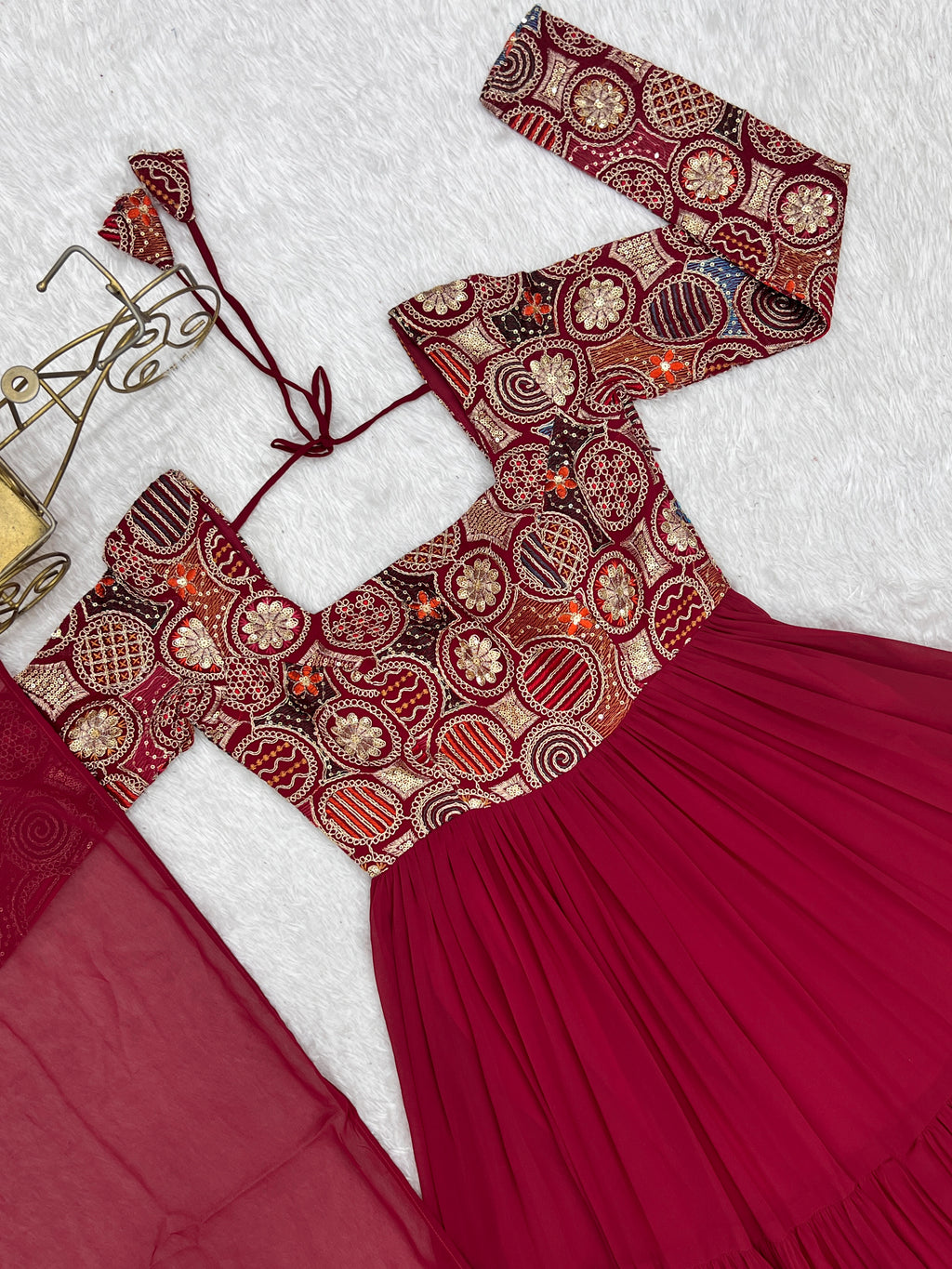 8M+ Flair Faux Georgette Anarkali Gown with 9-Needle Embroidery & Ruffle Dupatta
