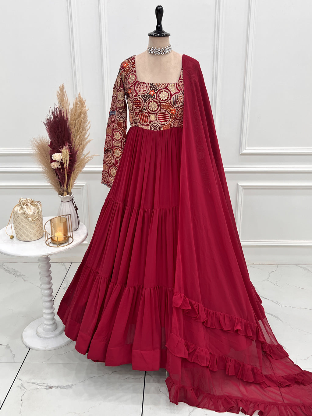 8M+ Flair Faux Georgette Anarkali Gown with 9-Needle Embroidery & Ruffle Dupatta