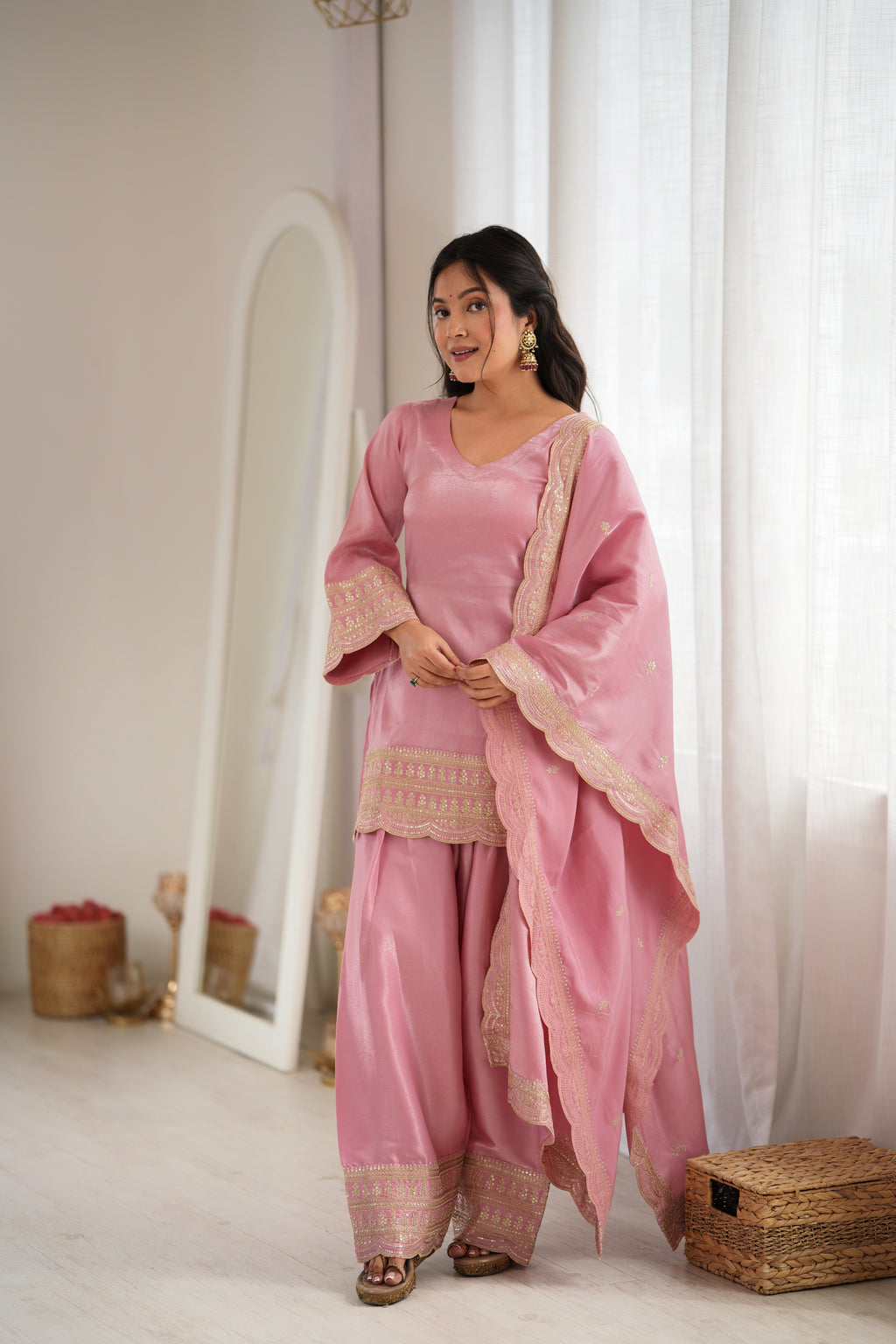 Dusty Pink & Pista Glass Roman Silk Embroidered Farshi Shalwar Suit with Dupatta
