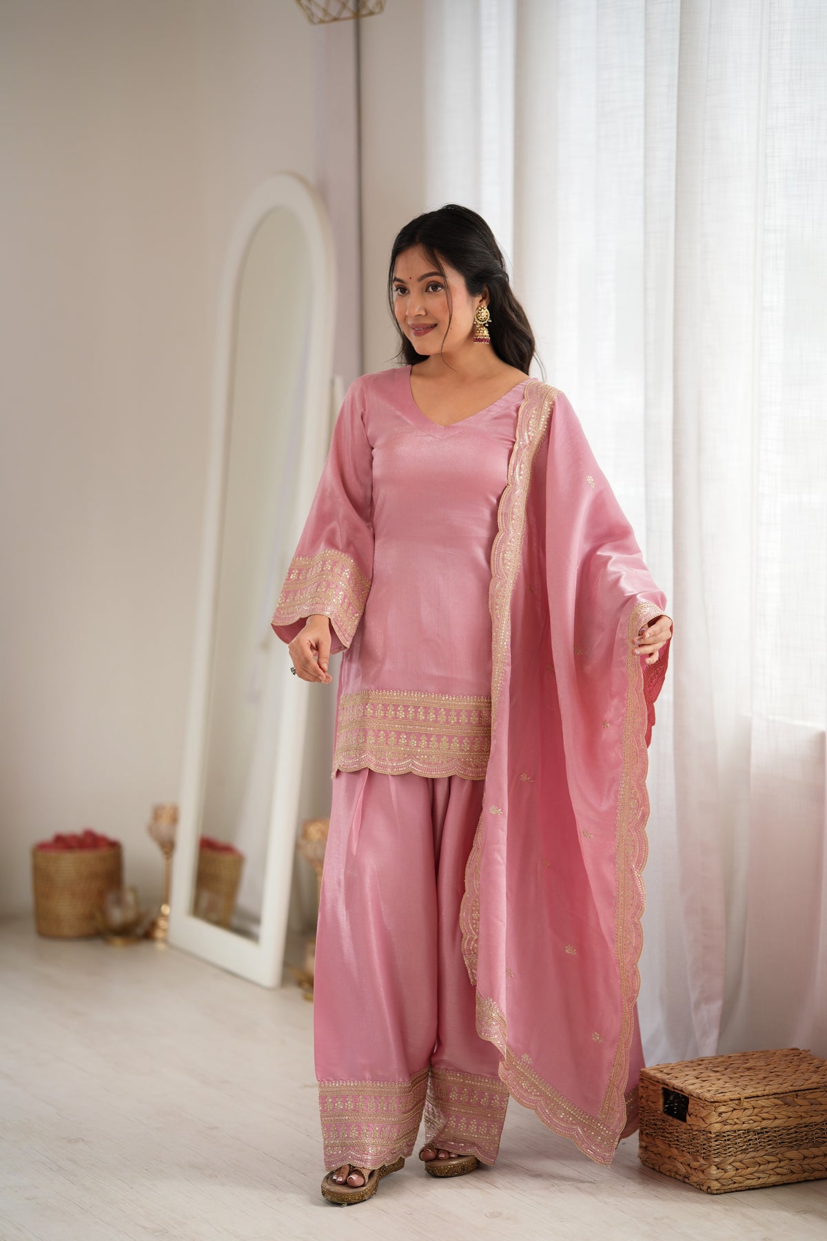 Dusty Pink & Pista Glass Roman Silk Embroidered Farshi Shalwar Suit with Dupatta