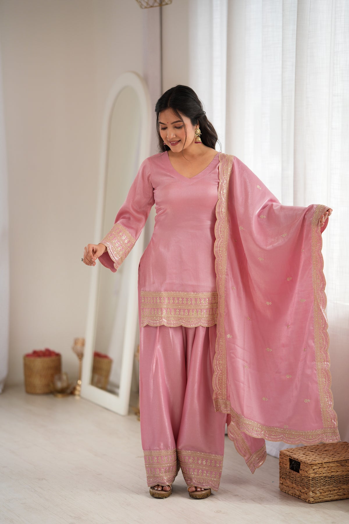 Dusty Pink & Pista Glass Roman Silk Embroidered Farshi Shalwar Suit with Dupatta