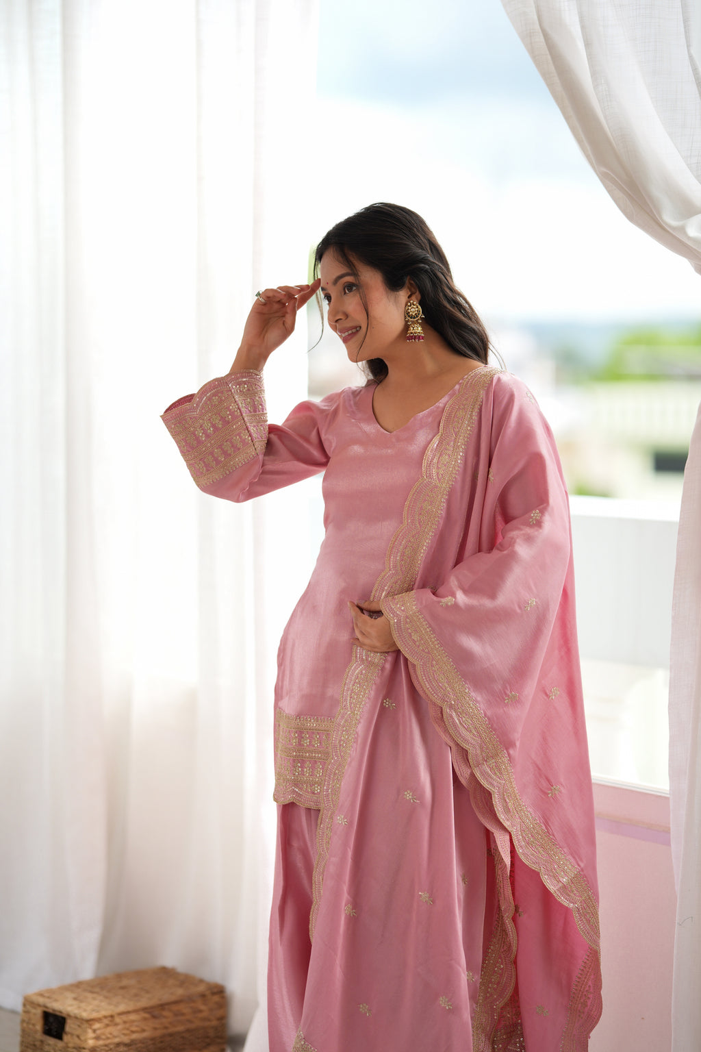 Dusty Pink & Pista Glass Roman Silk Embroidered Farshi Shalwar Suit with Dupatta