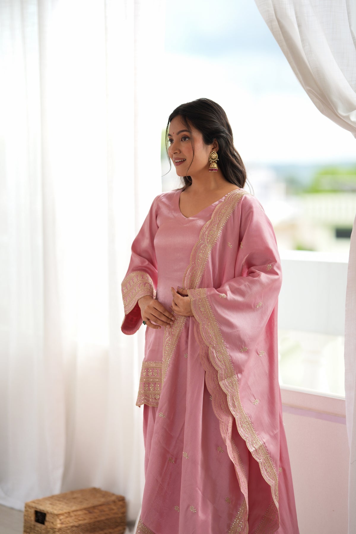 Dusty Pink & Pista Glass Roman Silk Embroidered Farshi Shalwar Suit with Dupatta
