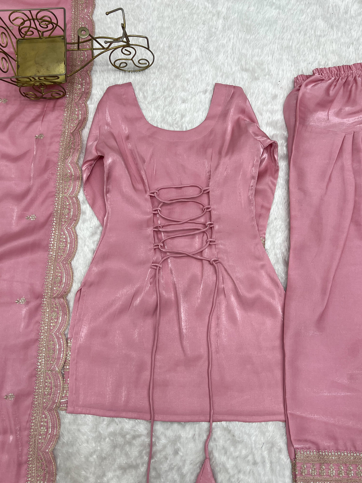Dusty Pink & Pista Glass Roman Silk Embroidered Farshi Shalwar Suit with Dupatta