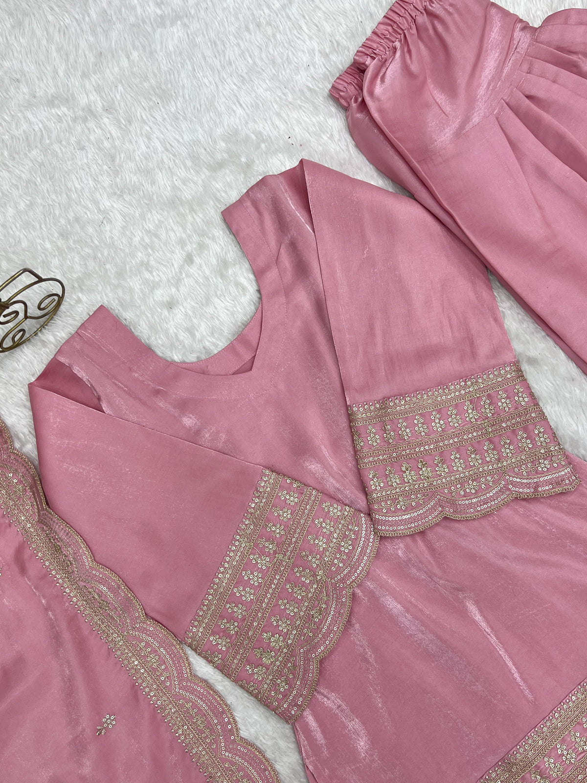Dusty Pink & Pista Glass Roman Silk Embroidered Farshi Shalwar Suit with Dupatta