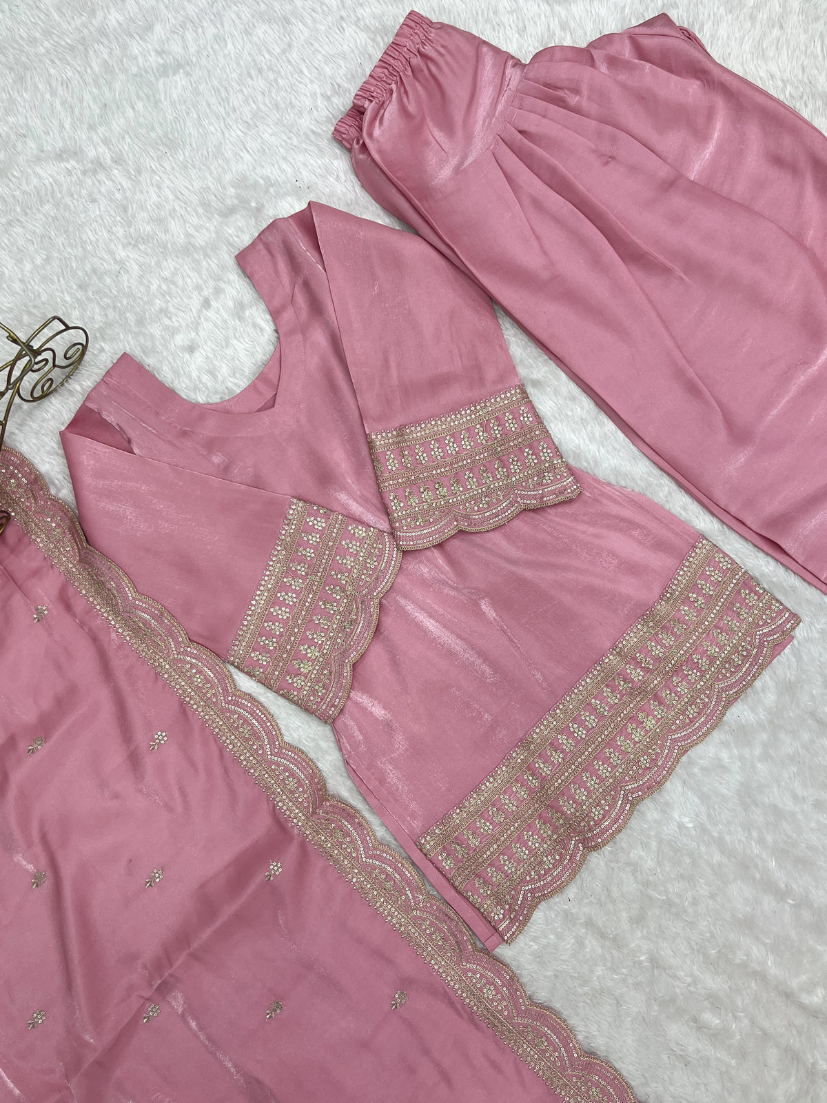 Dusty Pink & Pista Glass Roman Silk Embroidered Farshi Shalwar Suit with Dupatta