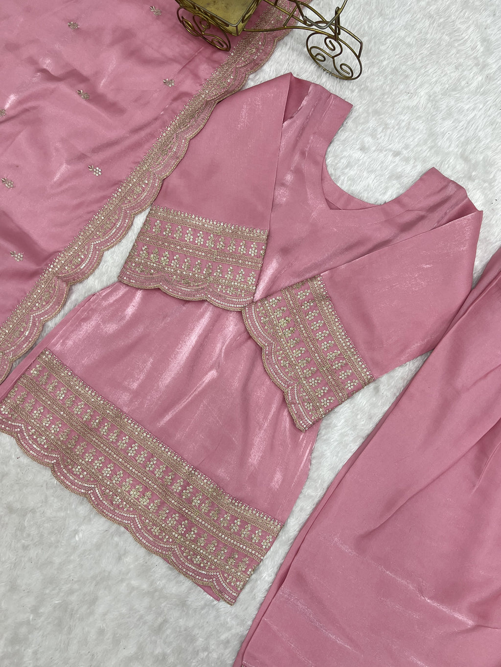 Dusty Pink & Pista Glass Roman Silk Embroidered Farshi Shalwar Suit with Dupatta