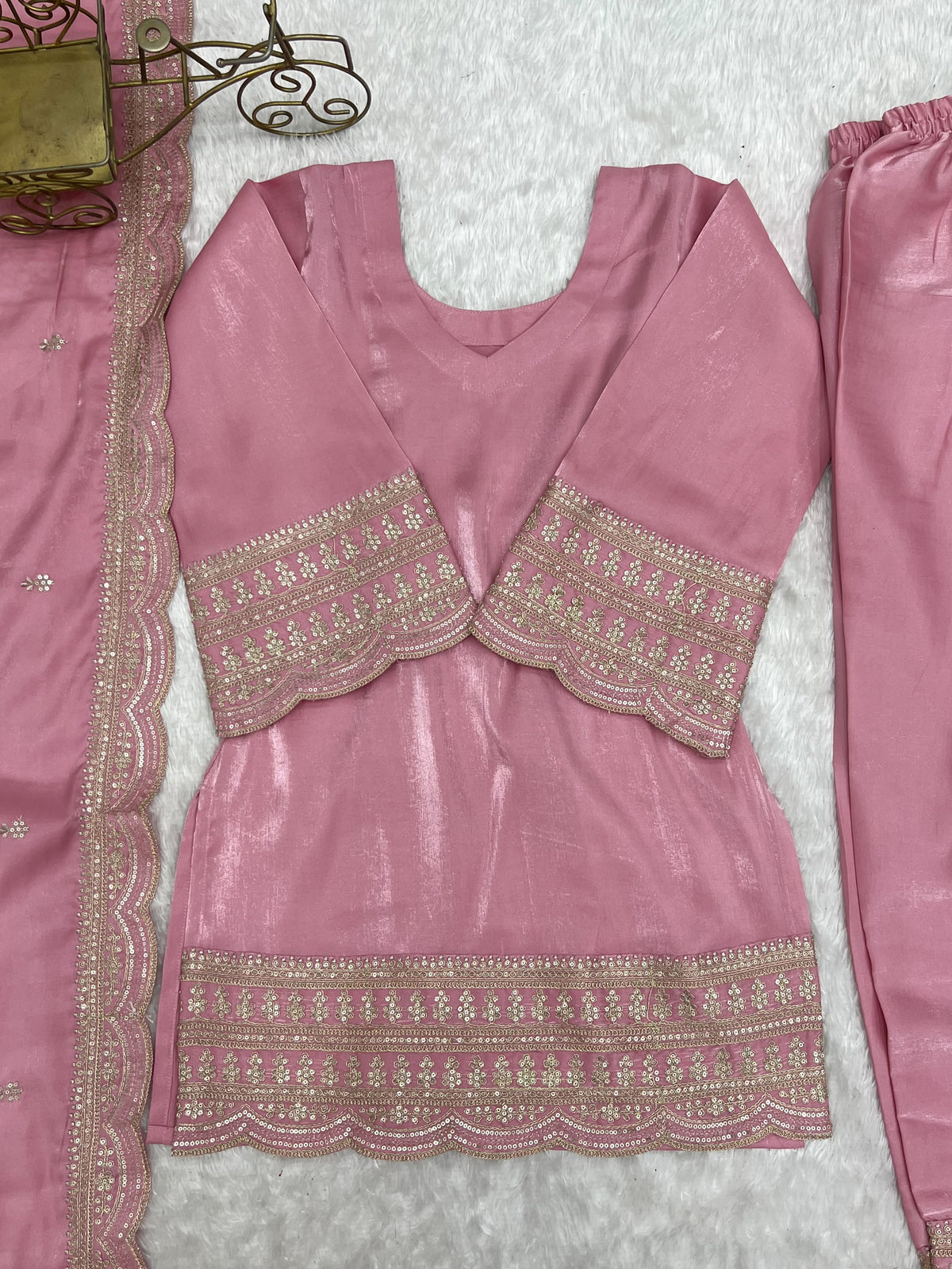 Dusty Pink & Pista Glass Roman Silk Embroidered Farshi Shalwar Suit with Dupatta