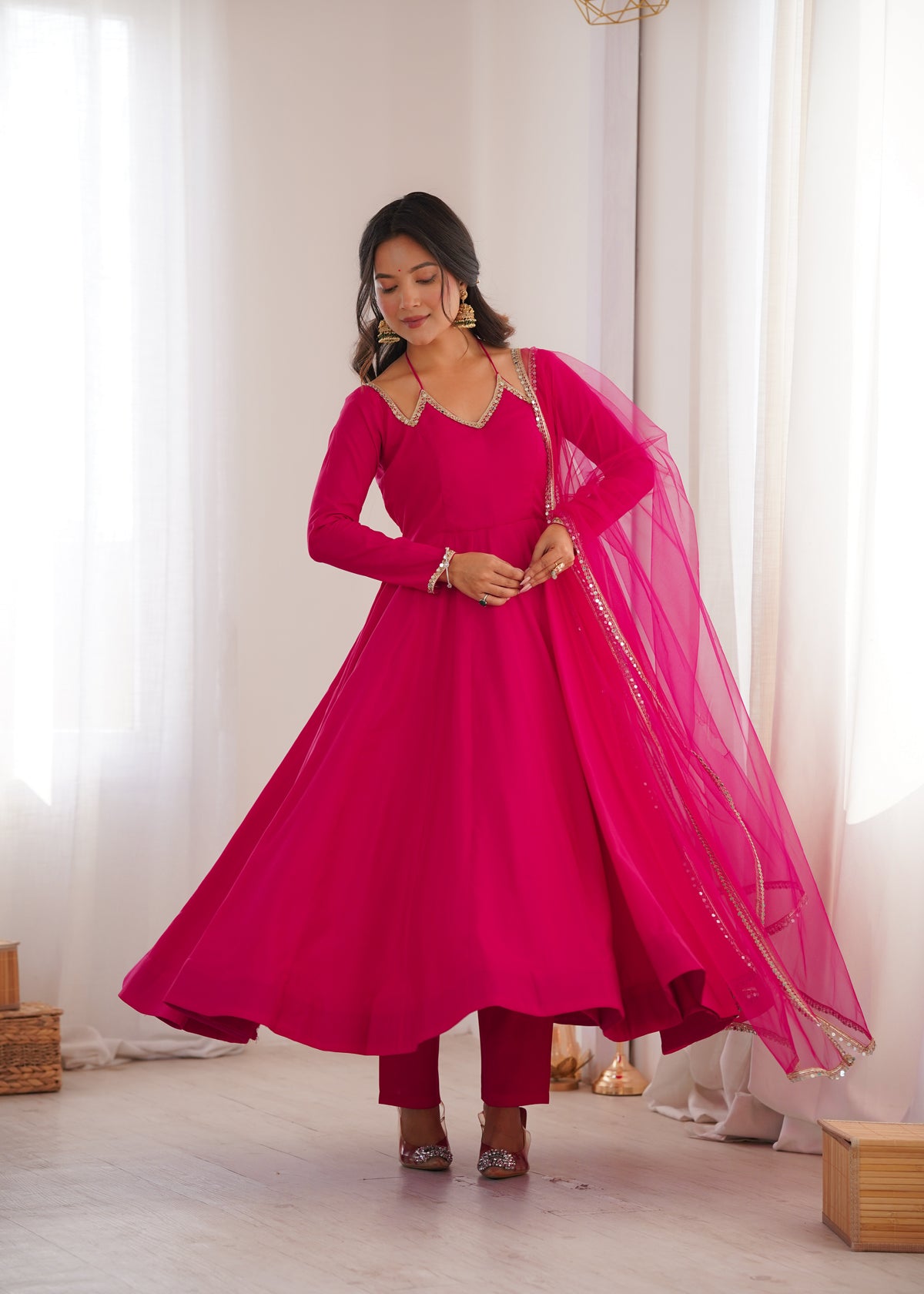 RomanSilk Chanderi Flared Anarkali Gown with Mirror Lace Dupatta & Pant Set