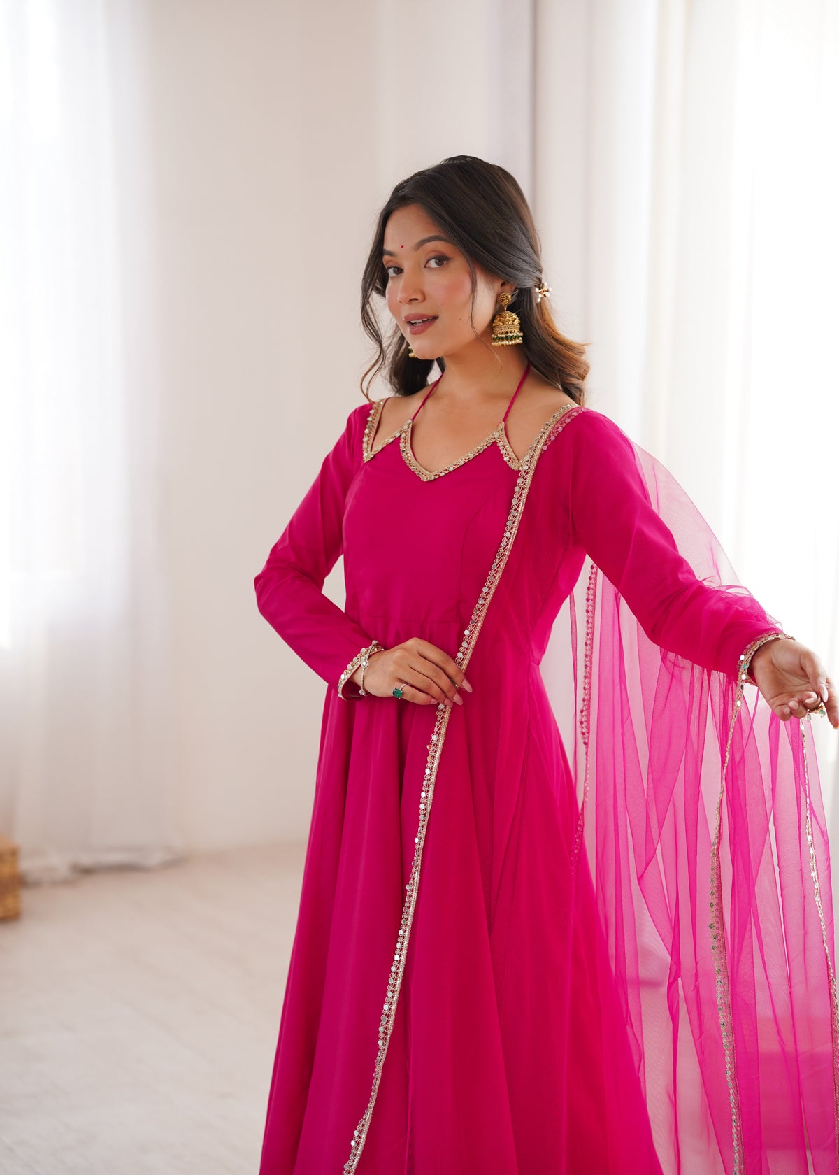RomanSilk Chanderi Flared Anarkali Gown with Mirror Lace Dupatta & Pant Set