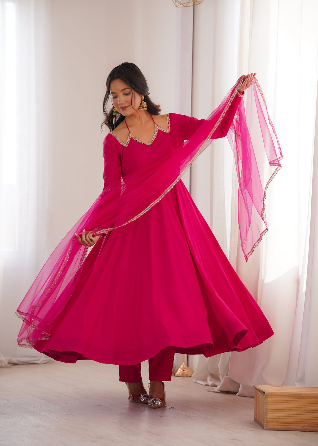 RomanSilk Chanderi Flared Anarkali Gown with Mirror Lace Dupatta & Pant Set