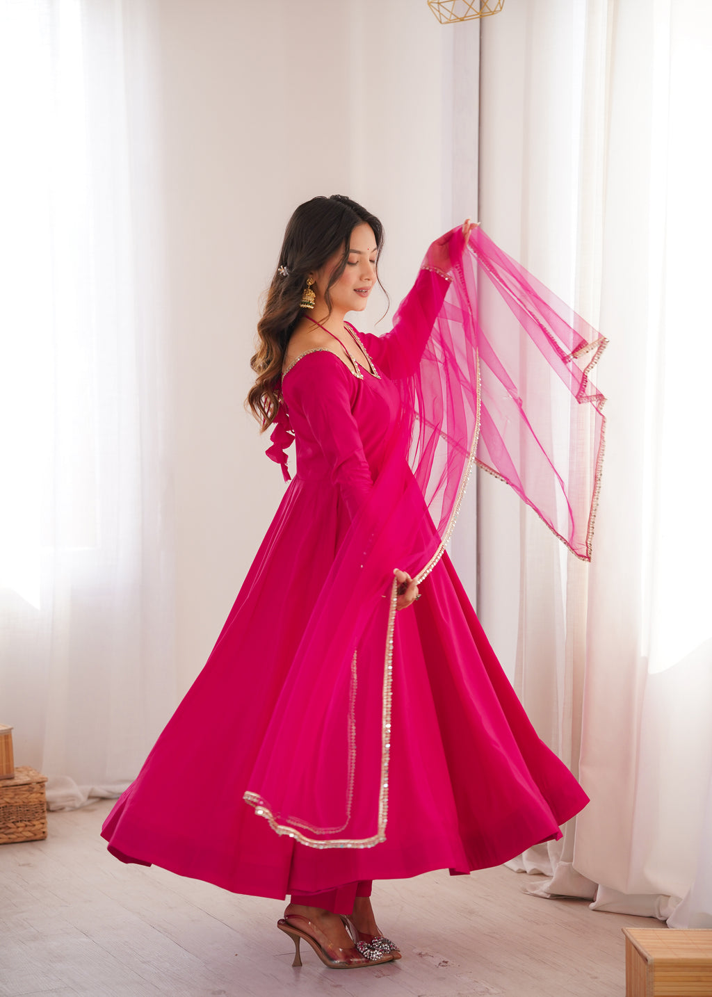RomanSilk Chanderi Flared Anarkali Gown with Mirror Lace Dupatta & Pant Set